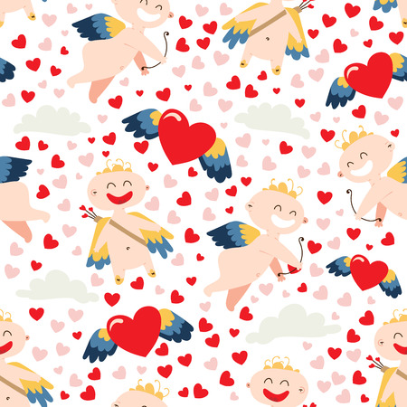 Simple repeating seamless pattern with Cupid, hearts and cloud illustration for Valentines Dayのイラスト素材