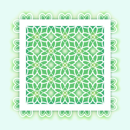 Vector template for laser cutting. Can be used as invitation, envelope, greeting card. Paper craft silhouette. Openwork square frame with hearts for St. Patrick's Day with ornament cloverのイラスト素材