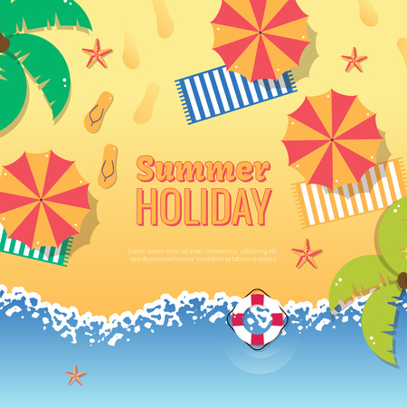 Summer party illustration poster. Colorful sea vacation concept. Vector flat design for flyers, banners, brochure, poster or webのイラスト素材