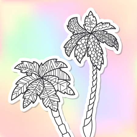 Adult coloring doodle palm trees sticker on colorful backgroundのイラスト素材