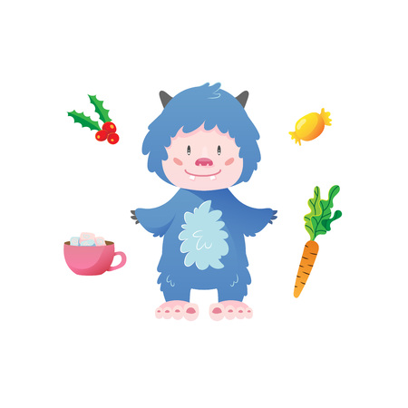 Cute Yeti cartoon character with christmas elementsのイラスト素材