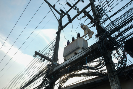 transformer enegy service in factory, Power cable clutter, clutter dangerous