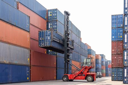 Folk lift car working in container yard for preparing imported or exported products...