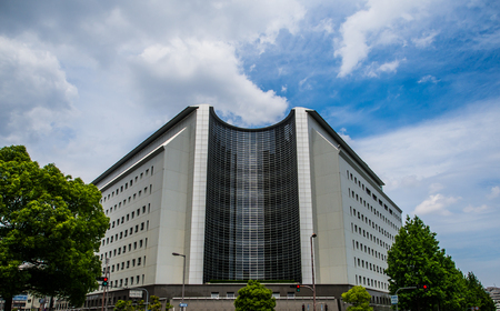 The great construction of architect and civil engineer. The building is symmetry, the pattern of windows is lining on both sides which ends with the circular window in the center so perspectively.のeditorial素材
