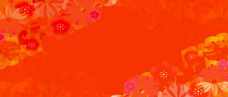 Red background illustration with plum blossomsの写真素材