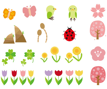 Icon Spring plants and greenery, butterflies and ladybird setのイラスト素材