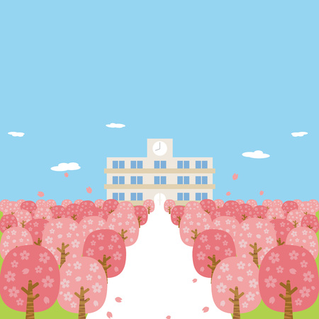 Spring cherry blossoms cherry blossoms full bloom schoolのイラスト素材