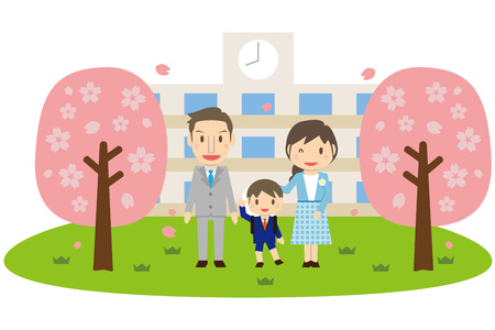 Cute family son's elementary school entrance ceremony and cherry blossomsのイラスト素材