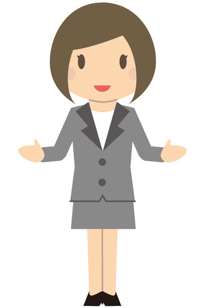 Cute business woman Bob and gray suit ladies Spread both hands and explain with a smileのイラスト素材