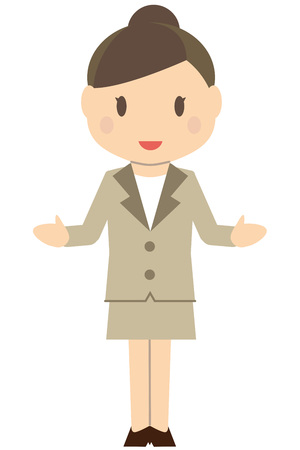 Cute hair-tied business woman Beige suits women Spread your hand with a smile and explainのイラスト素材