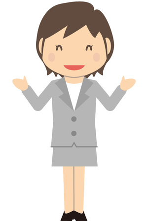 Cute short-haired business woman introduced in gray suit woman's full smileのイラスト素材