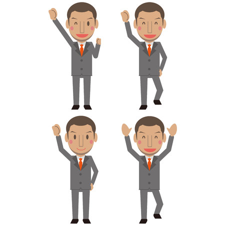 Cute African men gray suit businessman short hair guts pose delight 4 pieces setのイラスト素材