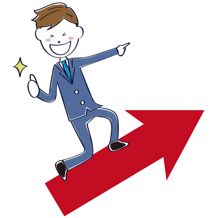 Cute line drawing salaryman blue suit arrow risingのイラスト素材