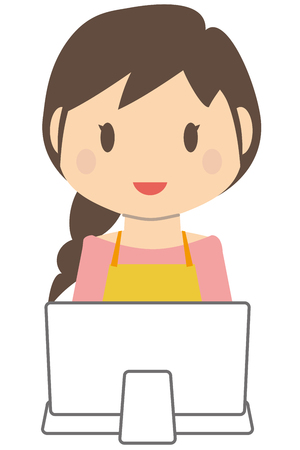 Cute little haired housewife personal computerのイラスト素材