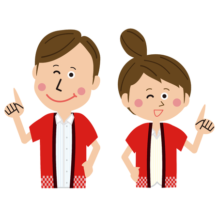 A pair of men and women who made a festive appearance are posing "pointing"のイラスト素材