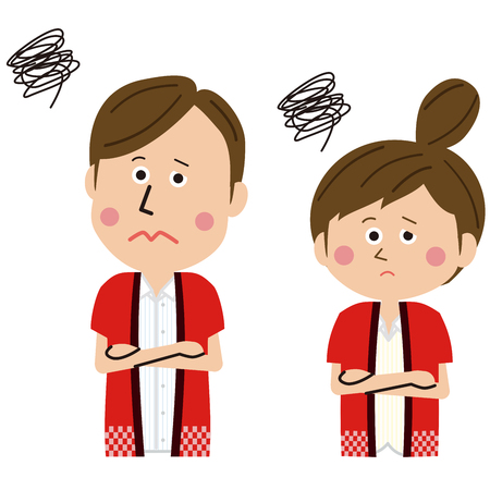 A pair of men and women who made a festive appearance is in troubleのイラスト素材