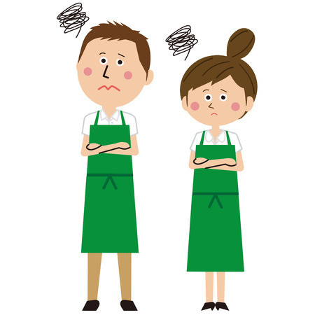 A couple of men and women in green aprons are in troubleのイラスト素材