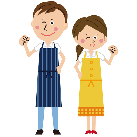 A pair of men and women in a pop apron poses "motivated"のイラスト素材