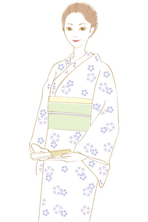 A woman wearing a yukata and holding her hair holds a fanのイラスト素材
