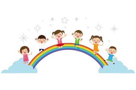 Children jump on the rainbow in good spiritsのイラスト素材