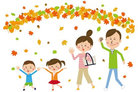 Pop family go out to autumn leaves maple, emerald green, vectorのイラスト素材