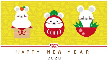 Three Mouse Charms Yellow Background New Year's Card Templateのイラスト素材