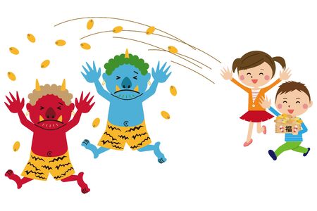Setsubun A male and female child who hits beans on the red demon blue demonのイラスト素材