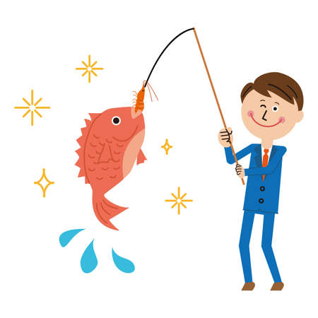 Businessman in pop blue suit 'catching sea bream with shrimp'のイラスト素材