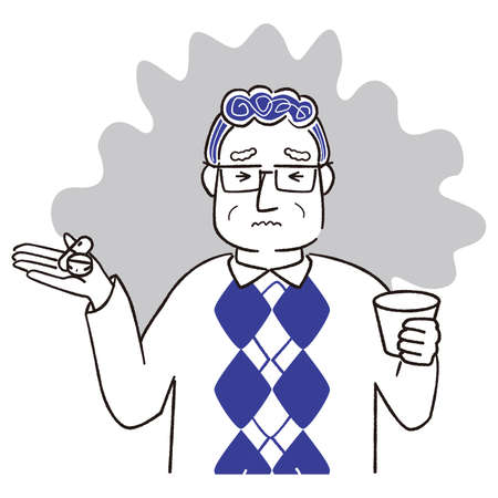 Hand-drawn of senior man having a side effect after taking a medicineのイラスト素材