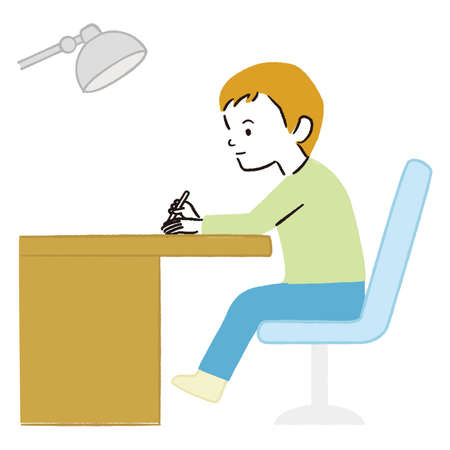 Handwritten line drawing color illustration Boy studying whole bodyのイラスト素材