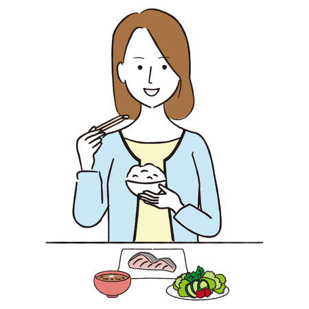 Handwritten Line Art Color Illustration Middle Generation Meal Smileのイラスト素材