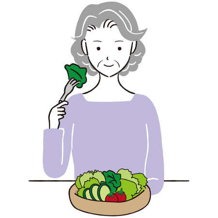 Handwritten line drawing color illustration Senior woman eating vegetables and smilingのイラスト素材