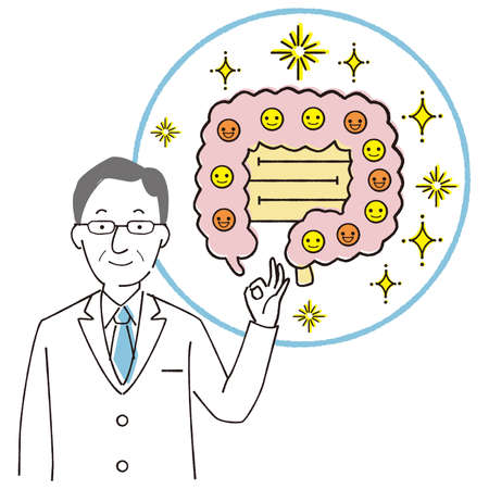 Handwritten line drawing color illustration Ideal intestinal environment with male doctorのイラスト素材