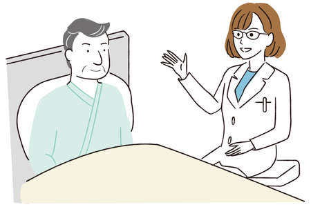 Young doctor sees patient sleeping in handwritten line drawing color illustration betのイラスト素材