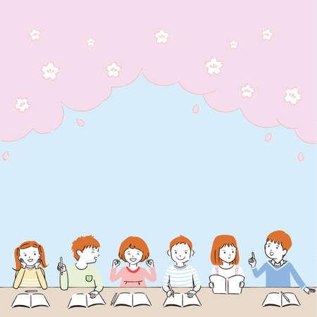 Handwritten line drawing color illustration New 1st grade spring study Under cherry blossomsのイラスト素材
