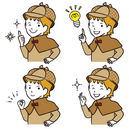 Handwritten Line Drawing Color Illustration Detective Child Boy 4 Patternsのイラスト素材