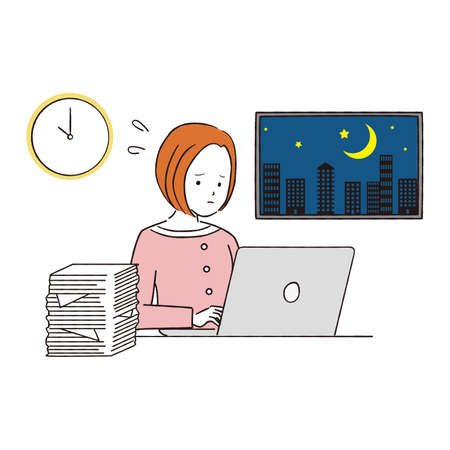 Line art color illustration female visiss pink suit PC overtimeのイラスト素材