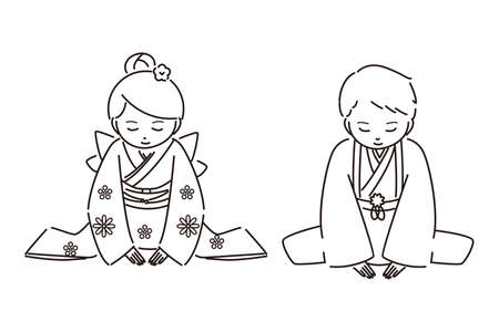 Kimono Boy Girl New Year Greeting Line Drawingのイラスト素材
