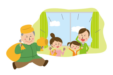 A pop family comes to the laughing gate.のイラスト素材