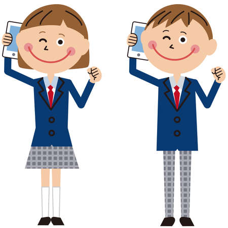 Men and women in pop school uniforms pose guts while talking on mobile phone