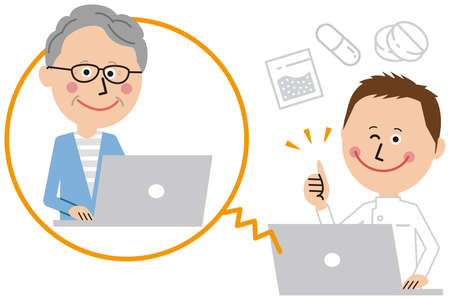 Pop pharmacist and senior men give online medication guidanceのイラスト素材