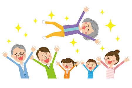 Pop family grandmother torso raising 3 generations Banzai rejoiceのイラスト素材