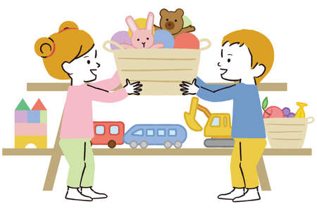Line art color illustration Boy girl cleaning up toysのイラスト素材