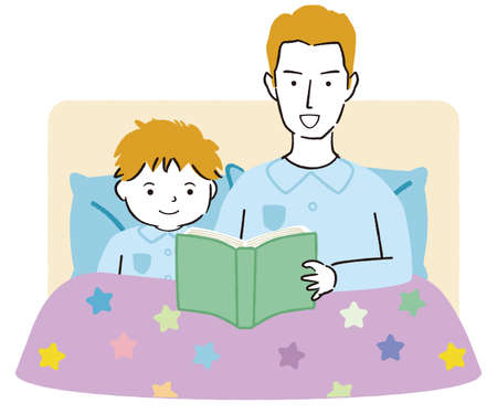 Line art color illustration Daddy reads picture book and lays downのイラスト素材