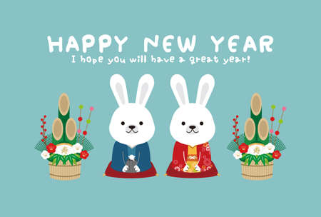 2023 New Year's card Horizontal male and female pair rabbit Mononmatsu greeting background blueのイラスト素材