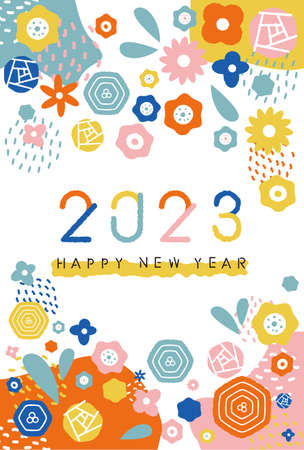 New Year's card 2023 Colorful flowers Verticalのイラスト素材