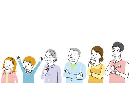 Line art color illustration 3 generations family admire & rejoiceのイラスト素材