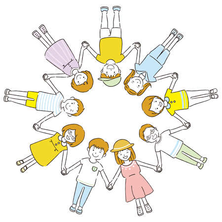 Line drawing color illustration summer clothes Children drawing a circle holding handsのイラスト素材