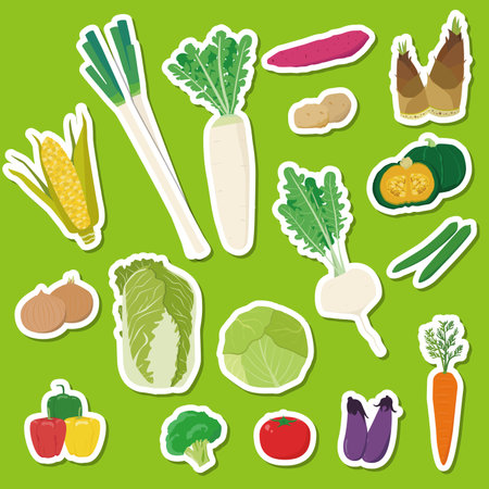 Vegetables Ingredients Color Icons Illustration White Frame Seal Styleのイラスト素材