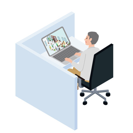 Isometric man sitting at the table and working on laptop. Vector illustration.のイラスト素材